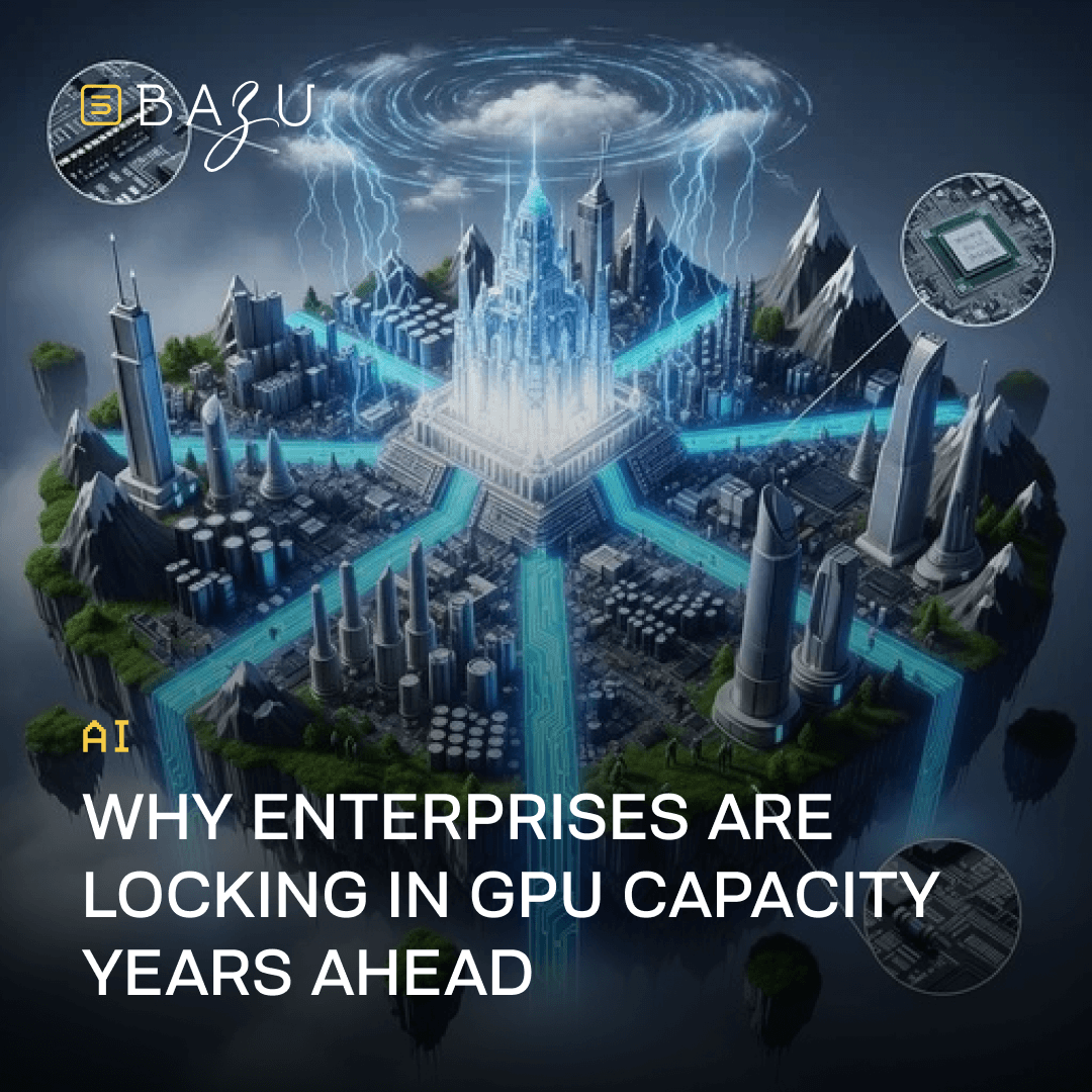 A majestic futuristic digital fortress resembling a crystalline citadel built from stacked server racks and GPU arrays, towering over a surreal floating landscape with glowing blue energy rivers and lightning bolts striking from swirling vortex clouds above, encircled by inset close-ups of a semiconductor chip and the BAZU logo, overlaid with bold text explaining why enterprises are securing GPU capacity years in advance.