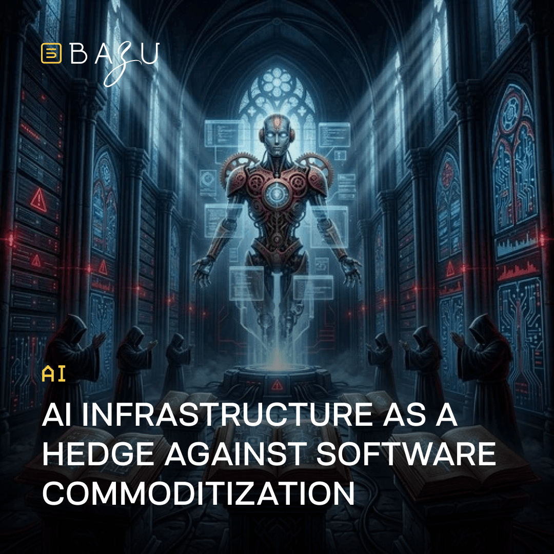 A dramatic cinematic scene inside a dark gothic cathedral with towering server racks replacing stone columns, where a powerful robotic AI figure with glowing mechanical armor levitates above a central altar surrounded by hooded figures in prayer, dramatic beams of light illuminating holographic code windows floating around it, overlaid with the BAZU logo and bold text on AI infrastructure as a hedge against software commoditization.