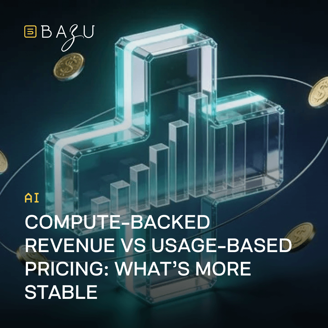 A futuristic digital 3D visualization of glowing translucent turquoise revenue bars forming an upward-trending bar chart integrated into a compute-backed structure with flowing energy connections, surrounded by floating golden dollar coins and financial graph panels on a dark gradient background, overlaid with the BAZU logo and bold text comparing compute-backed revenue versus usage-based pricing and highlighting which model offers greater stability.