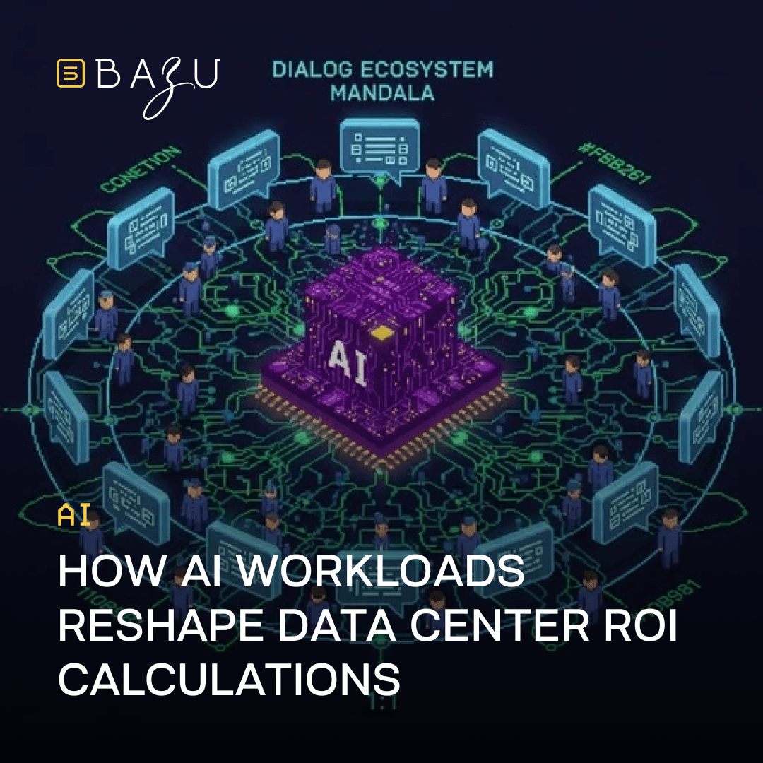 An intricate isometric digital mandala illustration centered on a glowing purple AI chip core, surrounded by a circular network of stylized human figures in blue uniforms connected by green circuit pathways and speech bubbles containing code and data icons, with radiating connection lines and hashtags forming a dialog ecosystem, overlaid with the BAZU logo and bold text explaining how AI workloads reshape data center ROI calculations.