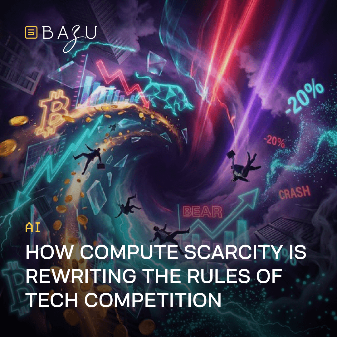 A dramatic digital illustration of a powerful swirling vortex in dark purple and teal tones pulling in falling businesspeople with briefcases, floating golden Bitcoin coins, glowing financial charts, neon bear and crash symbols, and bright red-purple light beams, overlaid with the BAZU logo and bold text explaining how compute scarcity is rewriting the rules of tech competition.