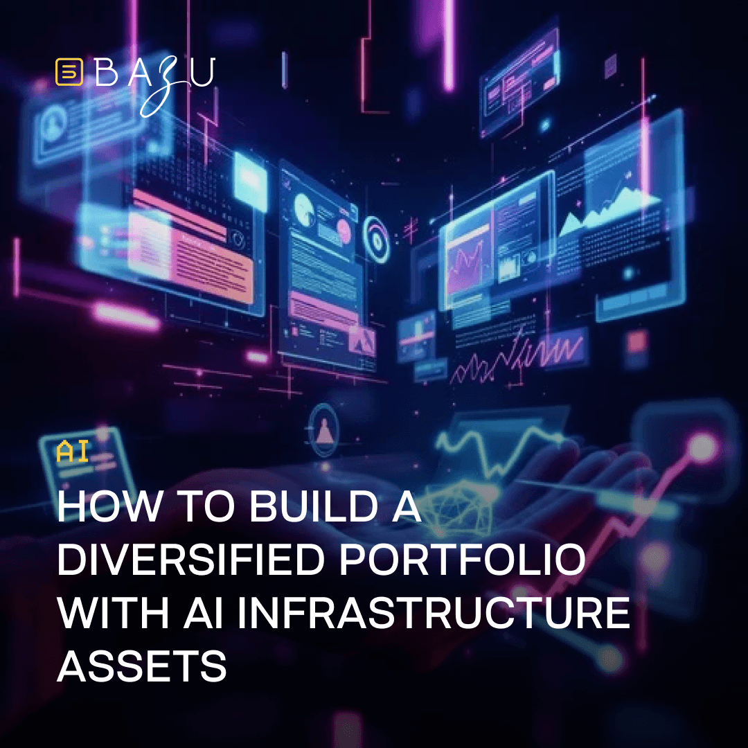 A pair of hands holding up a glowing holographic network of floating digital screens, charts, graphs, and data panels in vibrant blue and purple neon light against a dark futuristic background, overlaid with the BAZU logo and bold text on how to build a diversified portfolio with AI infrastructure assets.