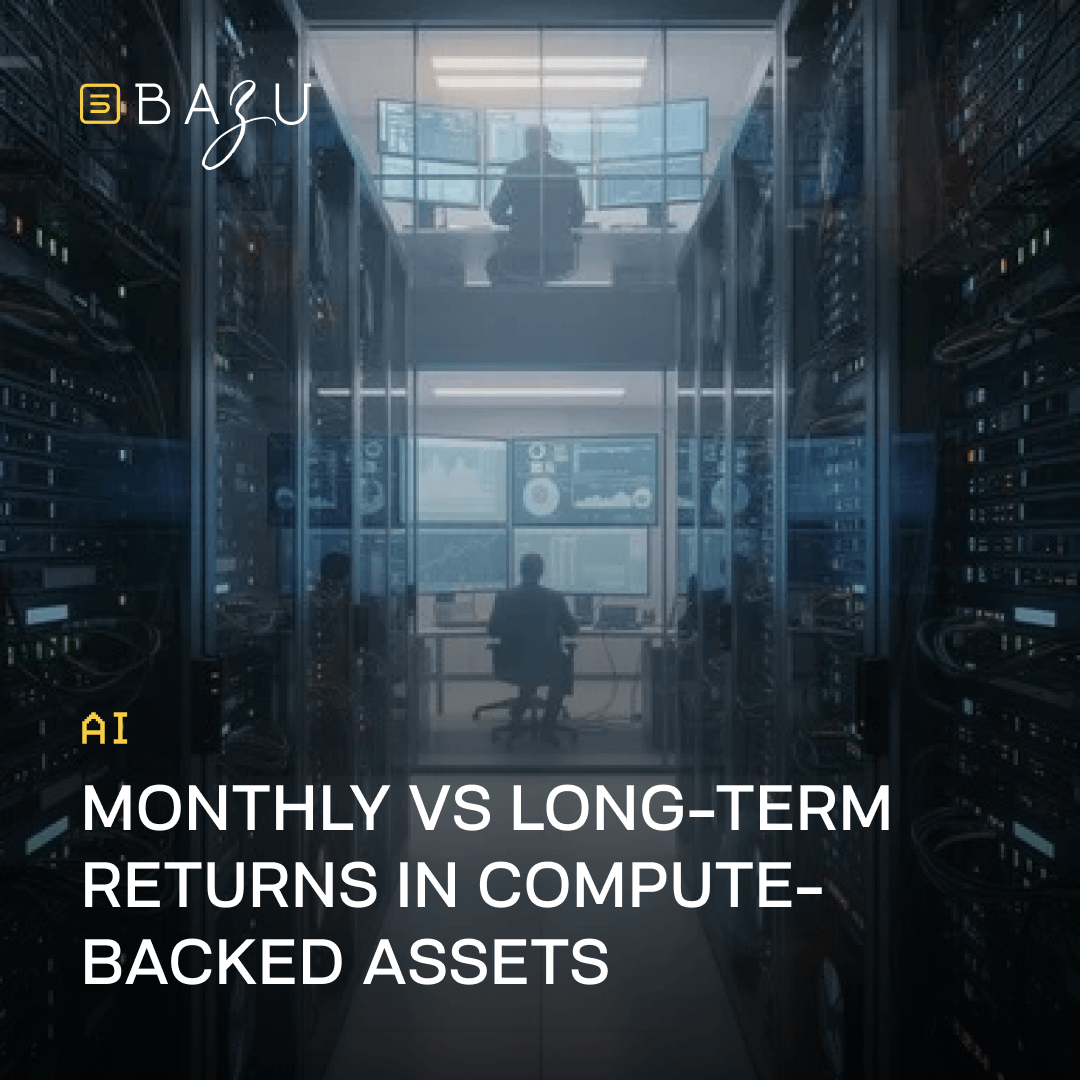 A modern data center corridor lined with tall server racks, viewed through glass walls revealing a control room where two professionals monitor multiple large screens displaying financial charts and analytics, overlaid with the BAZU logo and bold text comparing monthly versus long-term returns in compute-backed assets.