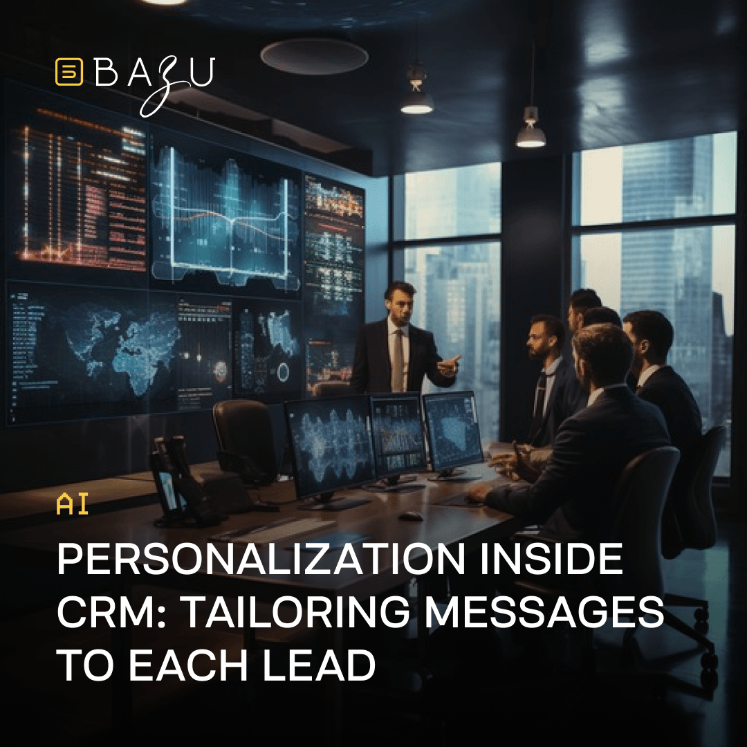 A modern high-tech conference room where a business leader in a suit presents to a group of attentive professionals seated around a large table, with a massive video wall in the background displaying data visualizations, world maps, and analytics dashboards, overlaid with the BAZU logo and bold text on personalization inside CRM for tailoring messages to each lead.
