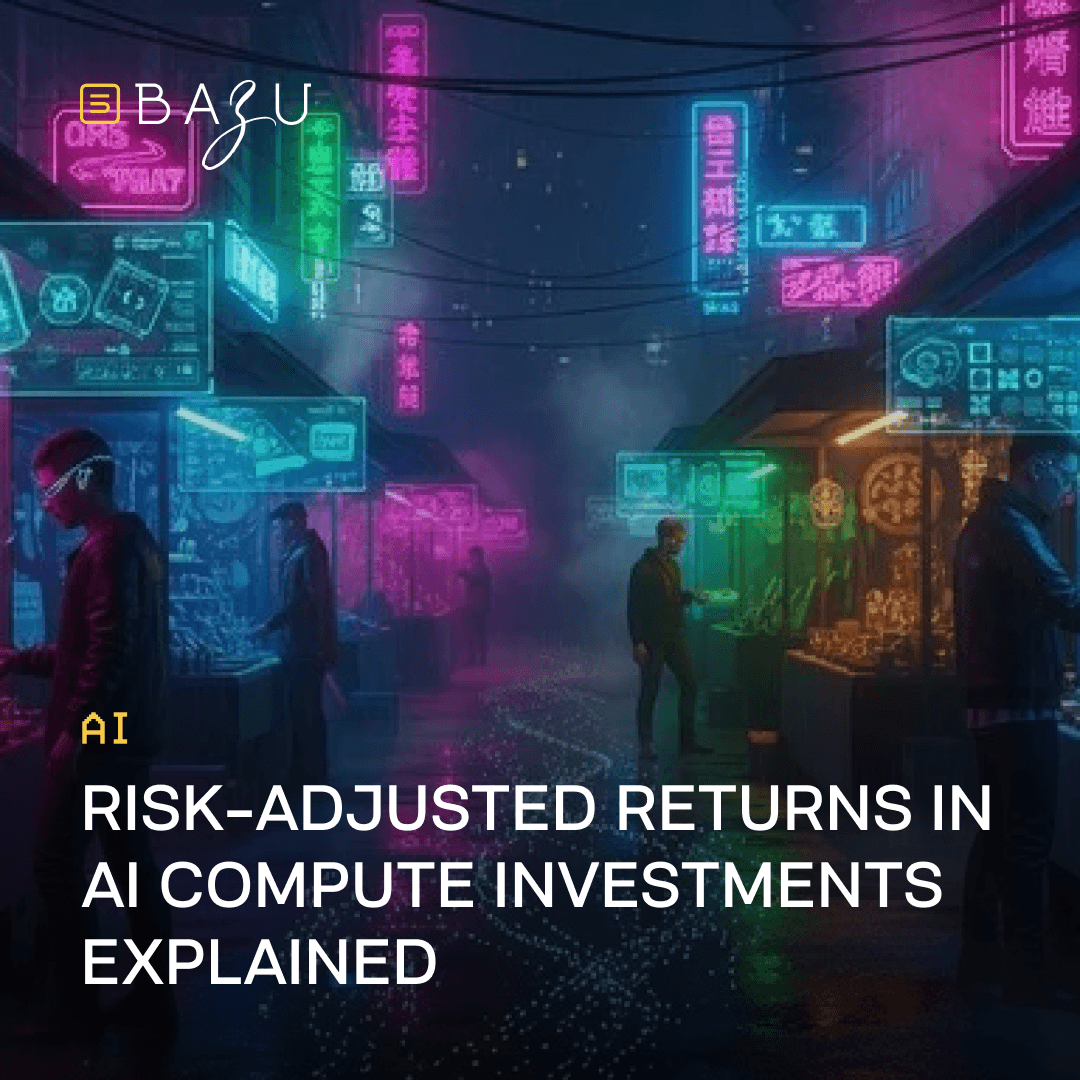 A futuristic cyberpunk street market at night illuminated by vibrant pink, blue, and green neon signs and holographic data panels, with several people walking among glowing market stalls, overlaid with the BAZU logo and bold text explaining risk-adjusted returns in AI compute investments.
