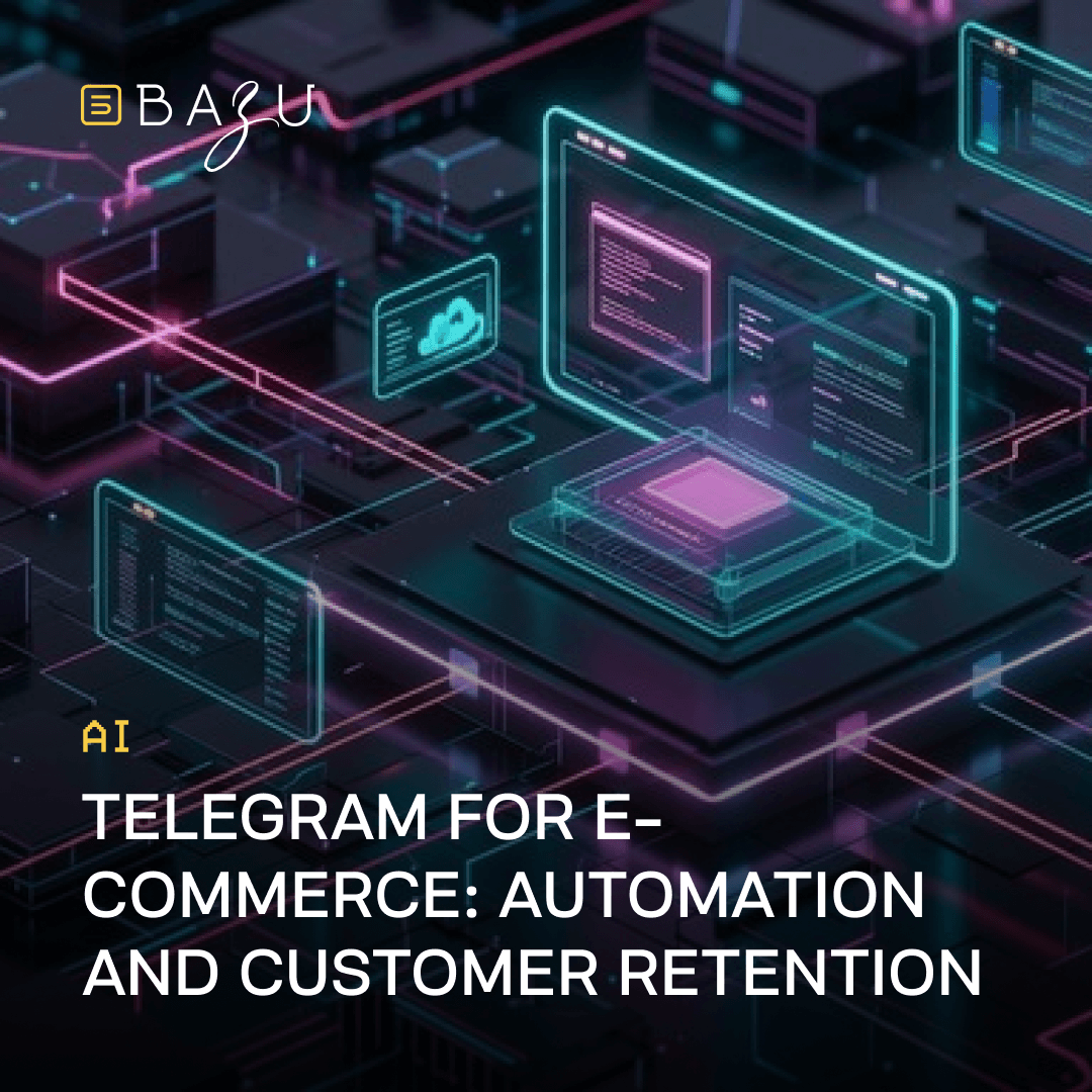 A futuristic digital landscape featuring interconnected hexagonal server modules and floating holographic screens displaying code, cloud icons, and chat interfaces in vibrant cyan, magenta, and purple neon glows, with a central glowing AI chip surrounded by dynamic energy lines symbolizing connectivity, overlaid with the BAZU logo and bold text on Telegram for e-commerce focusing on automation and customer retention.