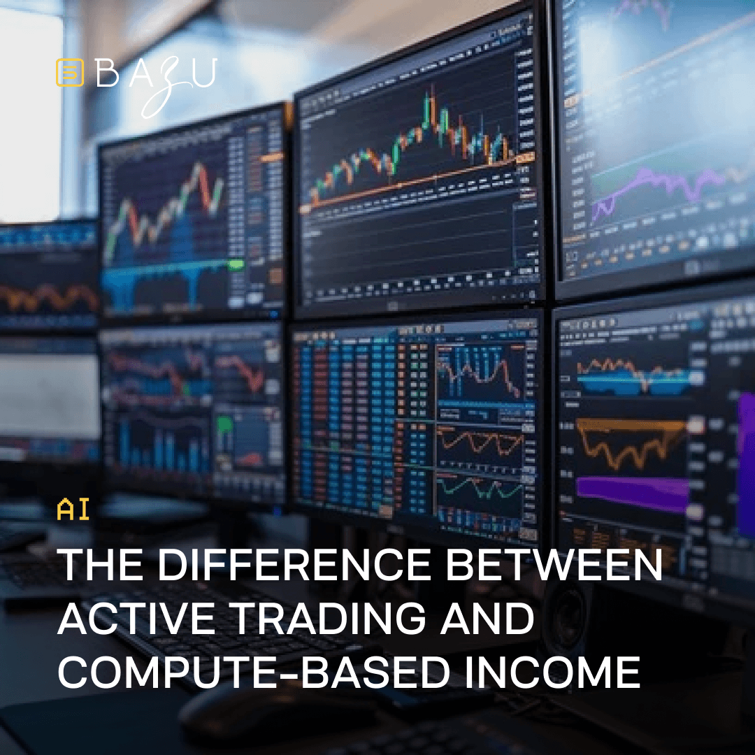 A professional trading desk setup with multiple large monitors displaying colorful candlestick charts, financial data, and market analytics, accompanied by a keyboard and mouse in the foreground, overlaid with the BAZU logo and bold text highlighting the difference between active trading and compute-based income.