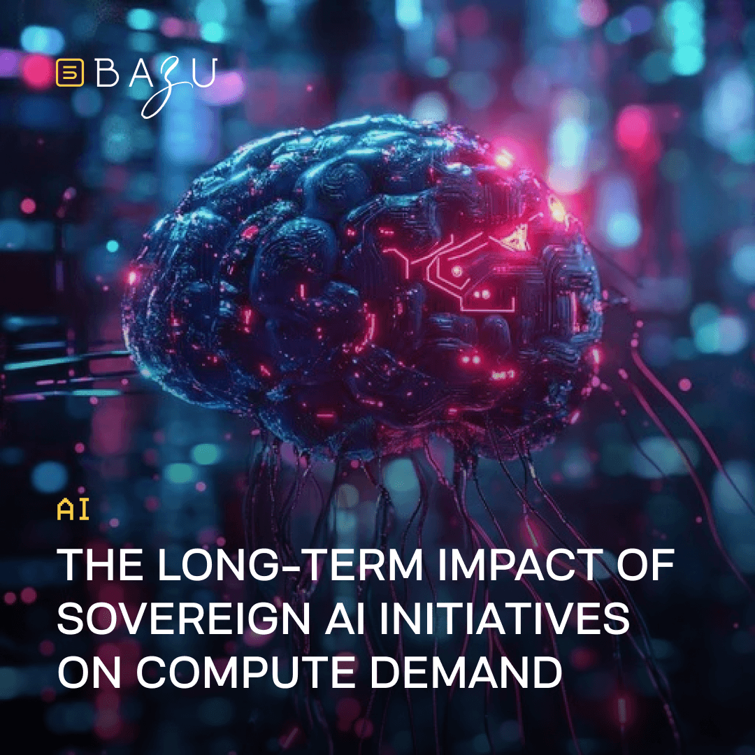 A detailed futuristic digital brain composed of intricate blue and glowing pink-red circuit patterns with neural connections and dangling wires, floating against a vibrant bokeh background of blue and purple lights, overlaid with the BAZU logo and bold text on the long-term impact of sovereign AI initiatives on compute demand.