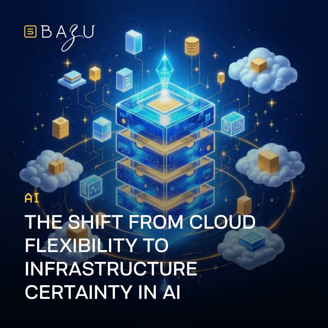 A glowing futuristic multi-layered blue and gold AI infrastructure tower emitting bright light from its core, surrounded by floating server blocks, data cubes, and stylized clouds connected by golden energy lines against a dark starry background, overlaid with the BAZU logo and bold text describing the shift from cloud flexibility to infrastructure certainty in AI.