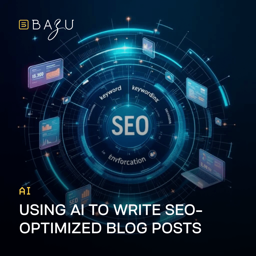 A futuristic glowing blue circular digital interface centered on the word "SEO", surrounded by orbiting holographic panels displaying charts, keywords, data visualizations, and a laptop, all connected by luminous lines and nodes, overlaid with the BAZU logo and bold text on using AI to write SEO-optimized blog posts.