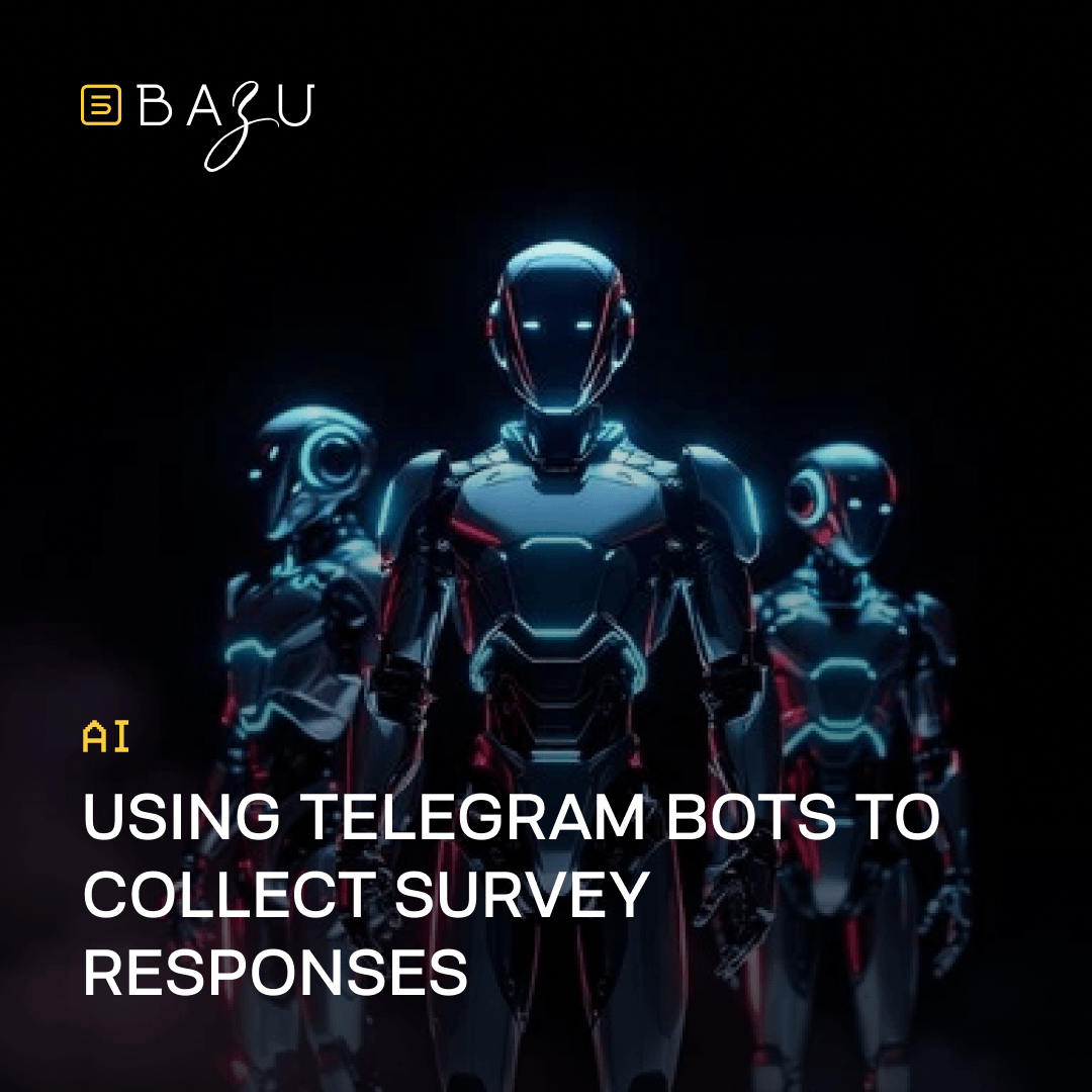 Three futuristic humanoid robots with glowing blue and red accents stand in a dark digital environment, with the central robot prominently positioned in the foreground, overlaid with the BAZU logo and bold text on using Telegram bots to collect survey responses.