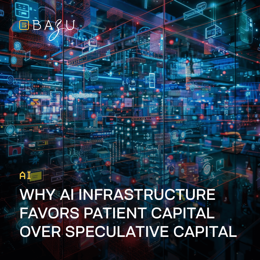 A complex futuristic digital cityscape composed of layered glowing blue, cyan, and red holographic interfaces, data visualizations, and interconnected technological structures floating in a dark high-tech environment, overlaid with the BAZU logo and bold text explaining why AI infrastructure favors patient capital over speculative capital.