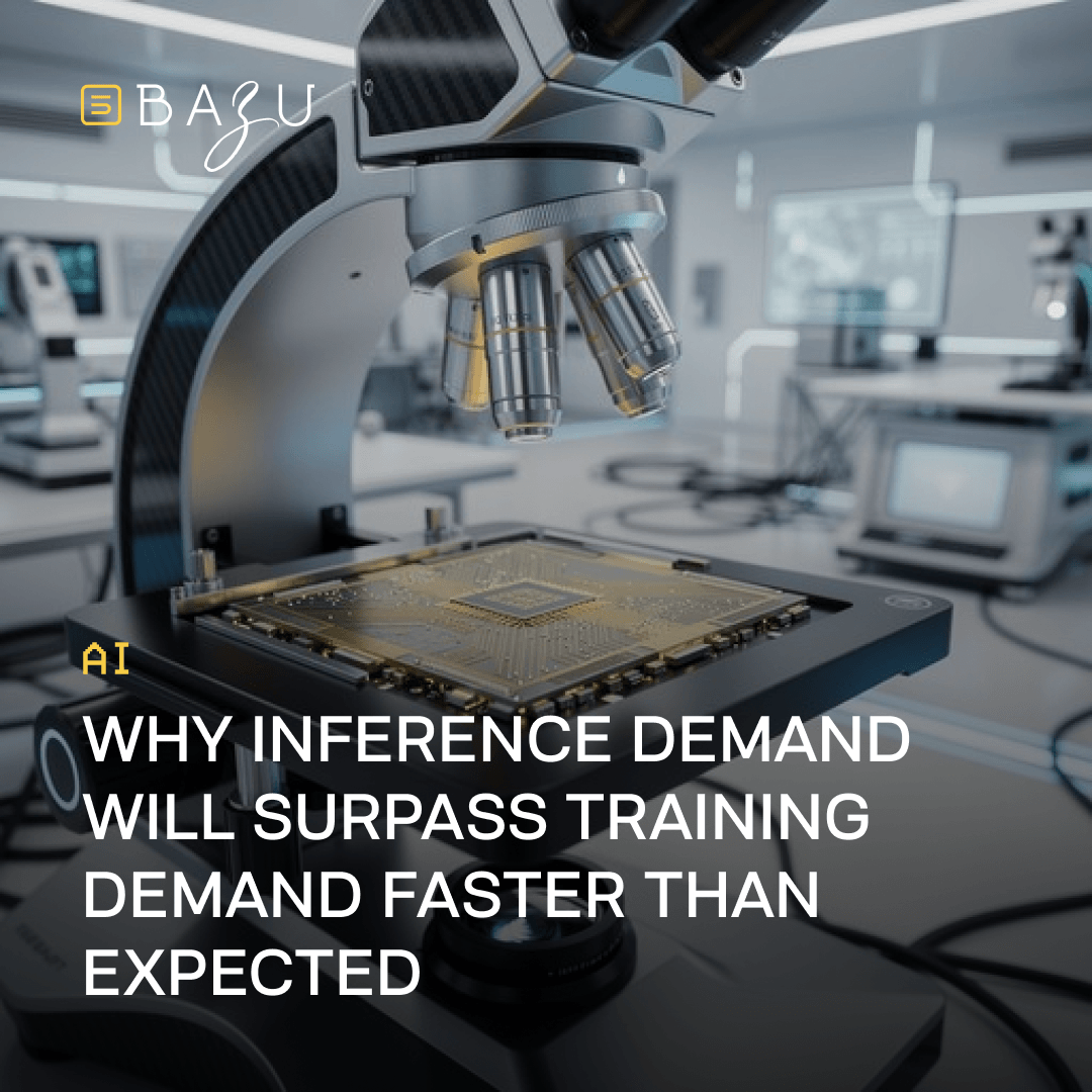 A high-tech laboratory scene featuring a powerful microscope with golden-accented lenses focused on a large golden AI inference chip mounted on a black circuit board, surrounded by blurred lab equipment, monitors, and cables in a futuristic cleanroom environment, overlaid with the BAZU logo and bold text explaining why inference demand will surpass training demand faster than expected.