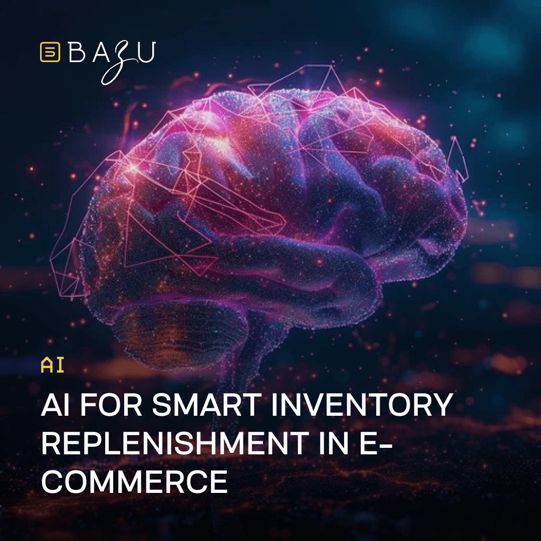 Futuristic glowing digital brain with neural connections, visualizing AI-powered smart inventory replenishment in e-commerce by BAZU.
