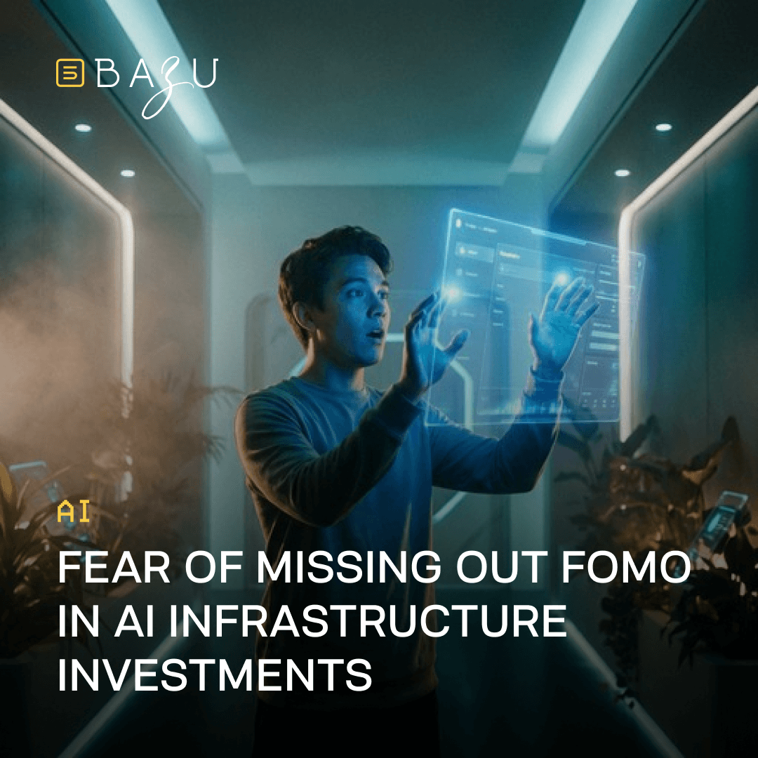 BAZU AI depicts a young professional experiencing FOMO while interacting with futuristic holographic interfaces in AI infrastructure investments.
