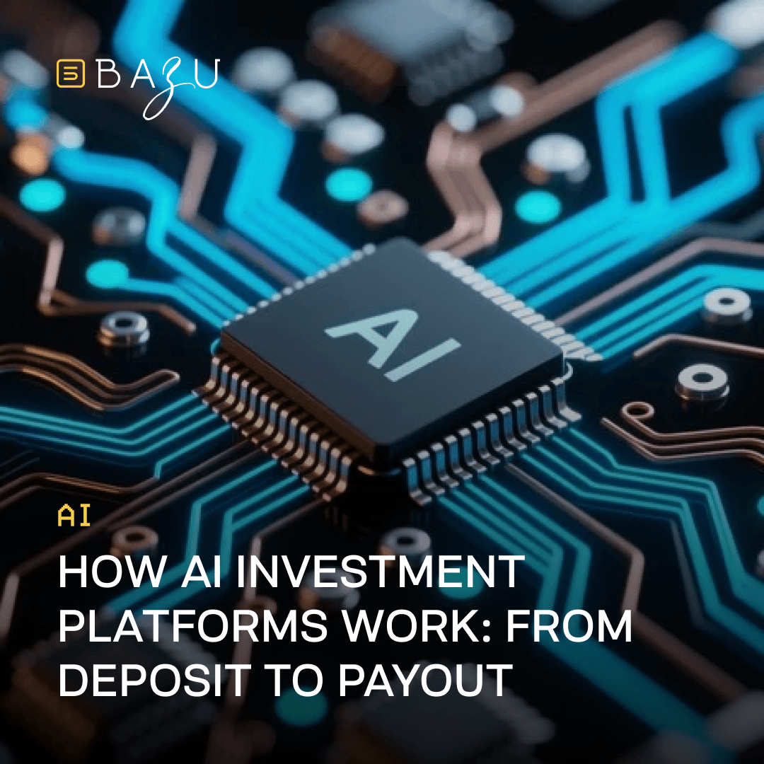 A high-tech BAZU promotional graphic featuring a central microchip labeled AI on a glowing blue circuit board to explain the process of AI investment platforms.