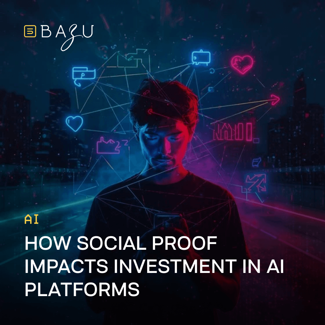 Focused young man using his smartphone surrounded by glowing neon social proof icons and digital networks, visualizing how social proof impacts investment in AI platforms by BAZU.