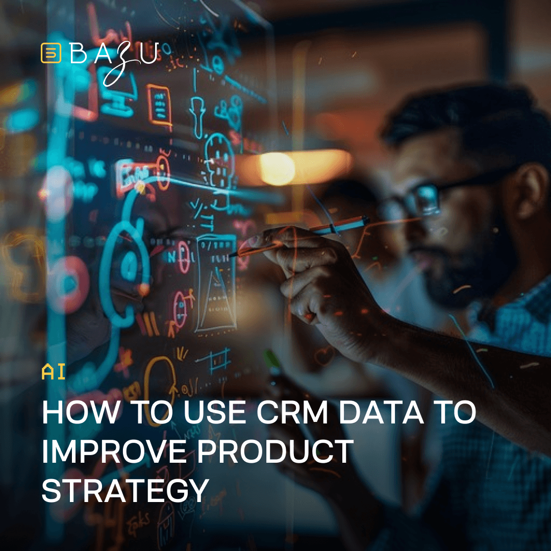 Man with glasses interacting with a futuristic holographic data interface filled with charts and diagrams, illustrating how to use CRM data to improve product strategy by BAZU.