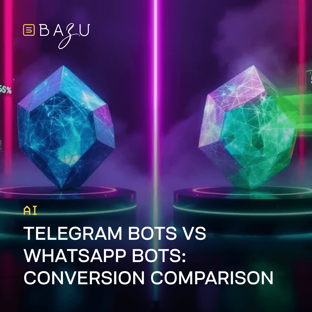 A BAZU promotional graphic featuring two glowing, multifaceted geometric crystals in blue and green to represent the conversion comparison between Telegram and WhatsApp bots.