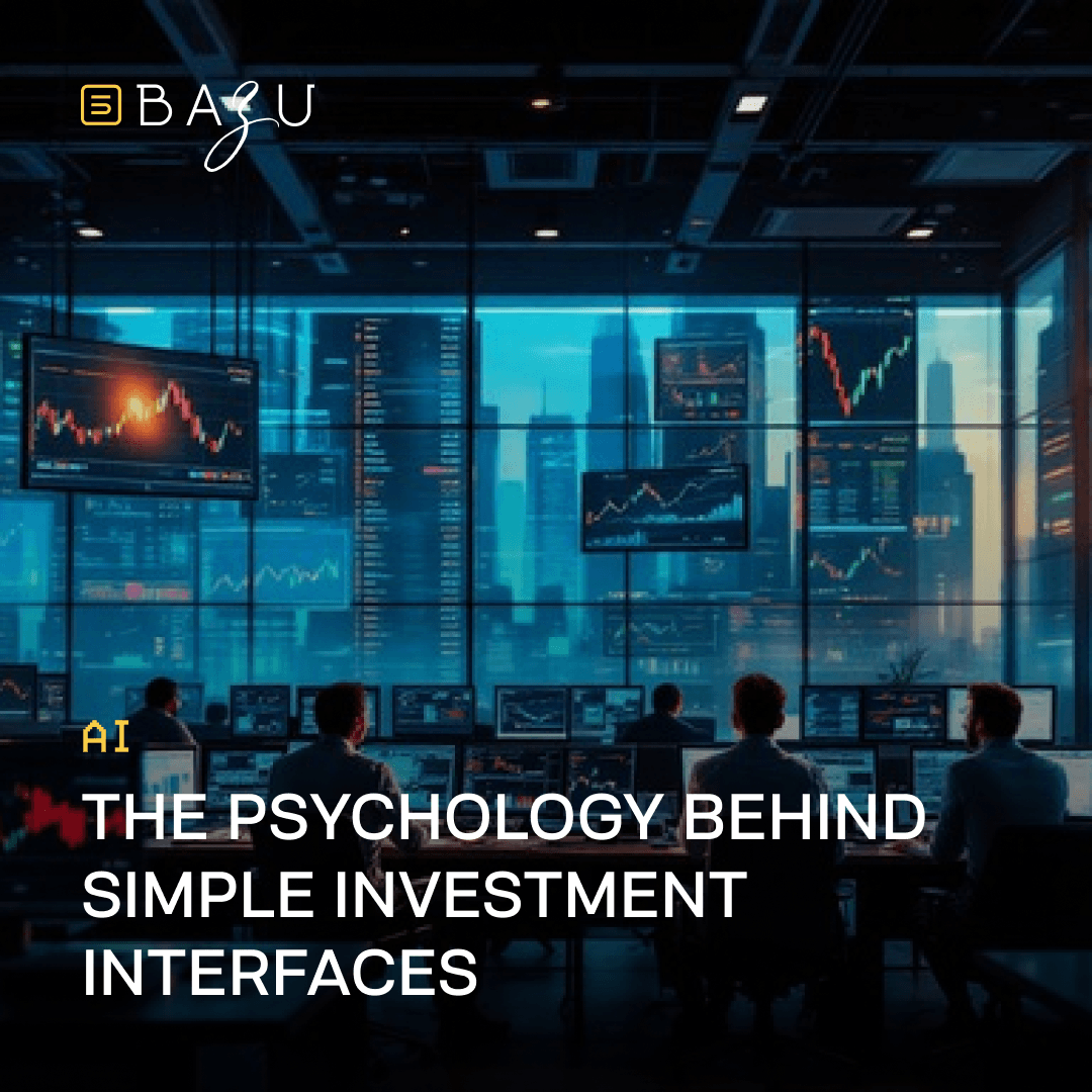 A BAZU promotional graphic showing a modern trading floor with professional analysts monitoring complex stock charts to explore the psychology behind simple investment interfaces.
