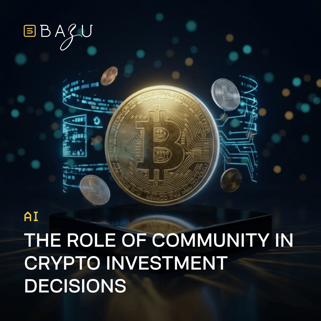 Large glowing golden Bitcoin coin floating above a pedestal surrounded by other cryptocurrencies and futuristic blue digital networks, illustrating the role of community in crypto investment decisions by BAZU.