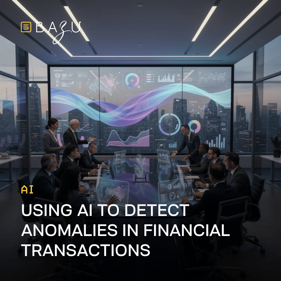 BAZU AI showcases professionals in a modern boardroom using AI to detect anomalies in financial transactions with advanced data visualizations on large screens.