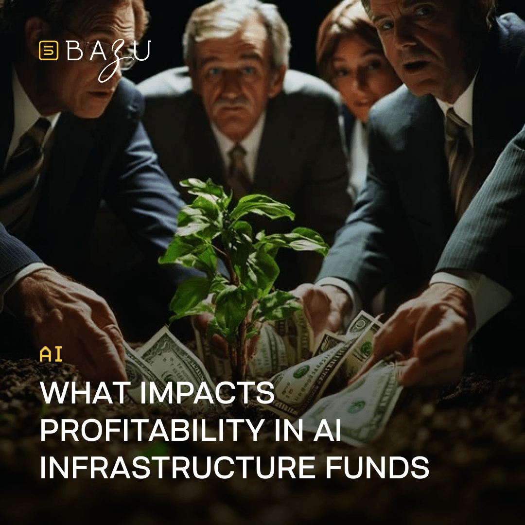 An advertisement by BAZU featuring four businessmen gathered around a growing plant to illustrate the profitability factors of AI infrastructure funds.