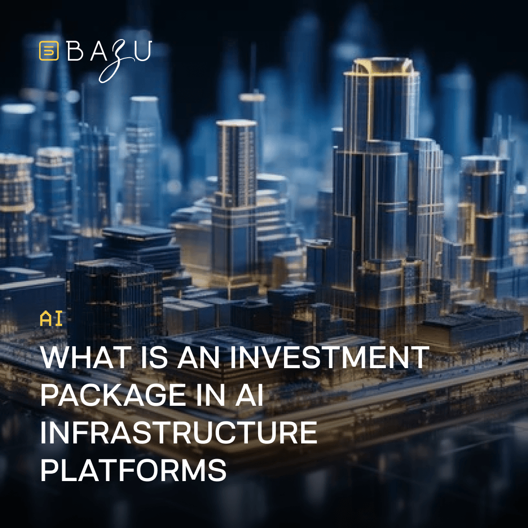 A BAZU promotional image featuring a futuristic 3D architectural model of a digital city to illustrate the concept of investment packages in AI infrastructure platforms.