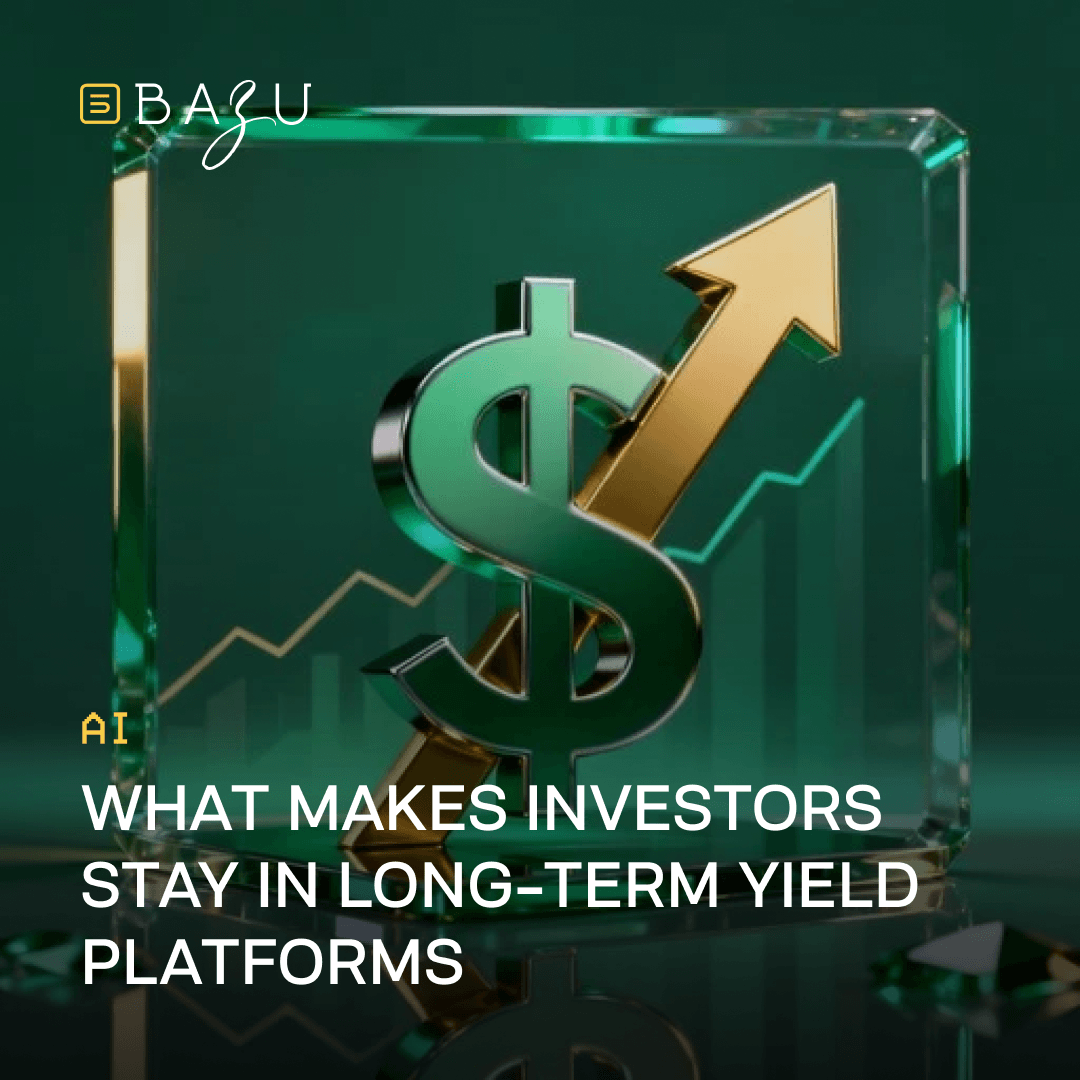 Green glass cube featuring a large dollar sign with a golden upward arrow and rising charts, representing what keeps investors committed to long-term yield platforms by BAZU.
