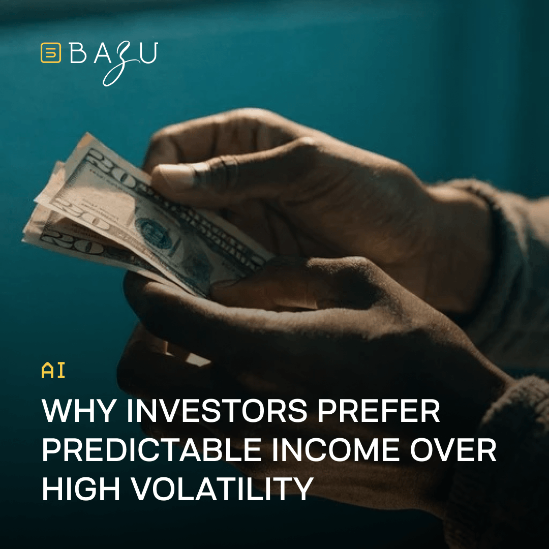 Close-up of hands carefully counting US dollar bills, symbolizing why investors prefer predictable income over high volatility by BAZU.
