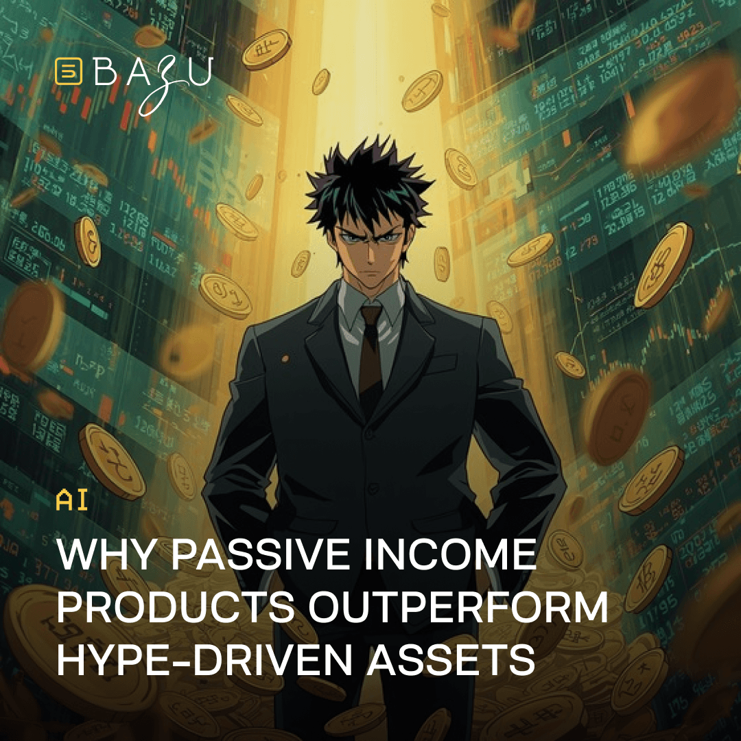 Confident anime-style businessman in a suit standing amid floating golden coins and glowing financial data, representing why passive income products outperform hype-driven assets by BAZU.