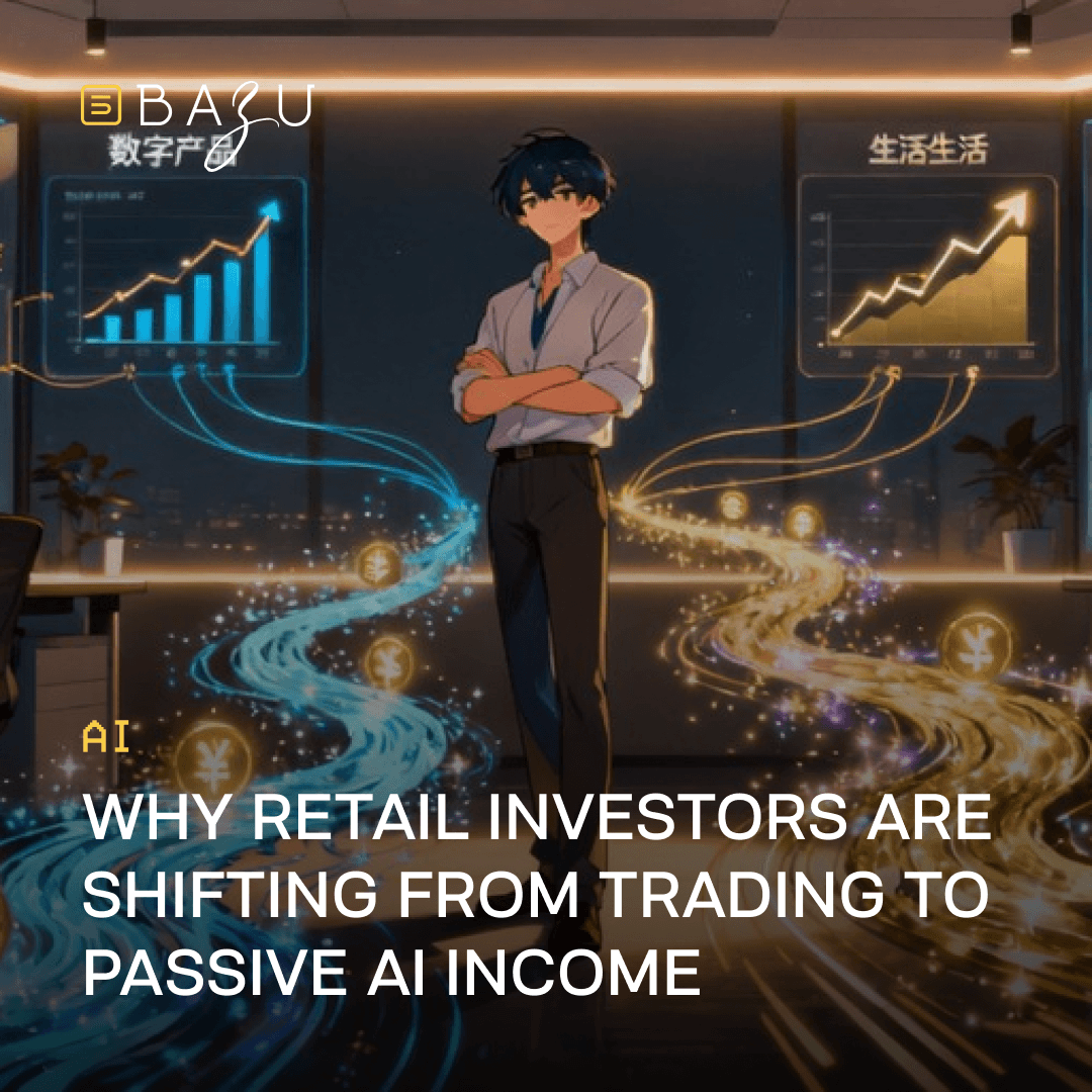 BAZU AI visualizes why retail investors are shifting from trading to passive AI income, featuring a confident young professional surrounded by glowing financial charts and data streams.