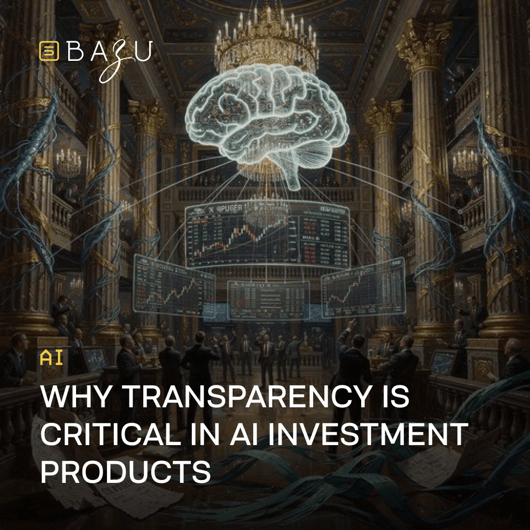 A BAZU promotional graphic featuring a glowing digital brain connected to complex stock market dashboards within a grand, classical hall to illustrate why transparency is critical in AI investment products.