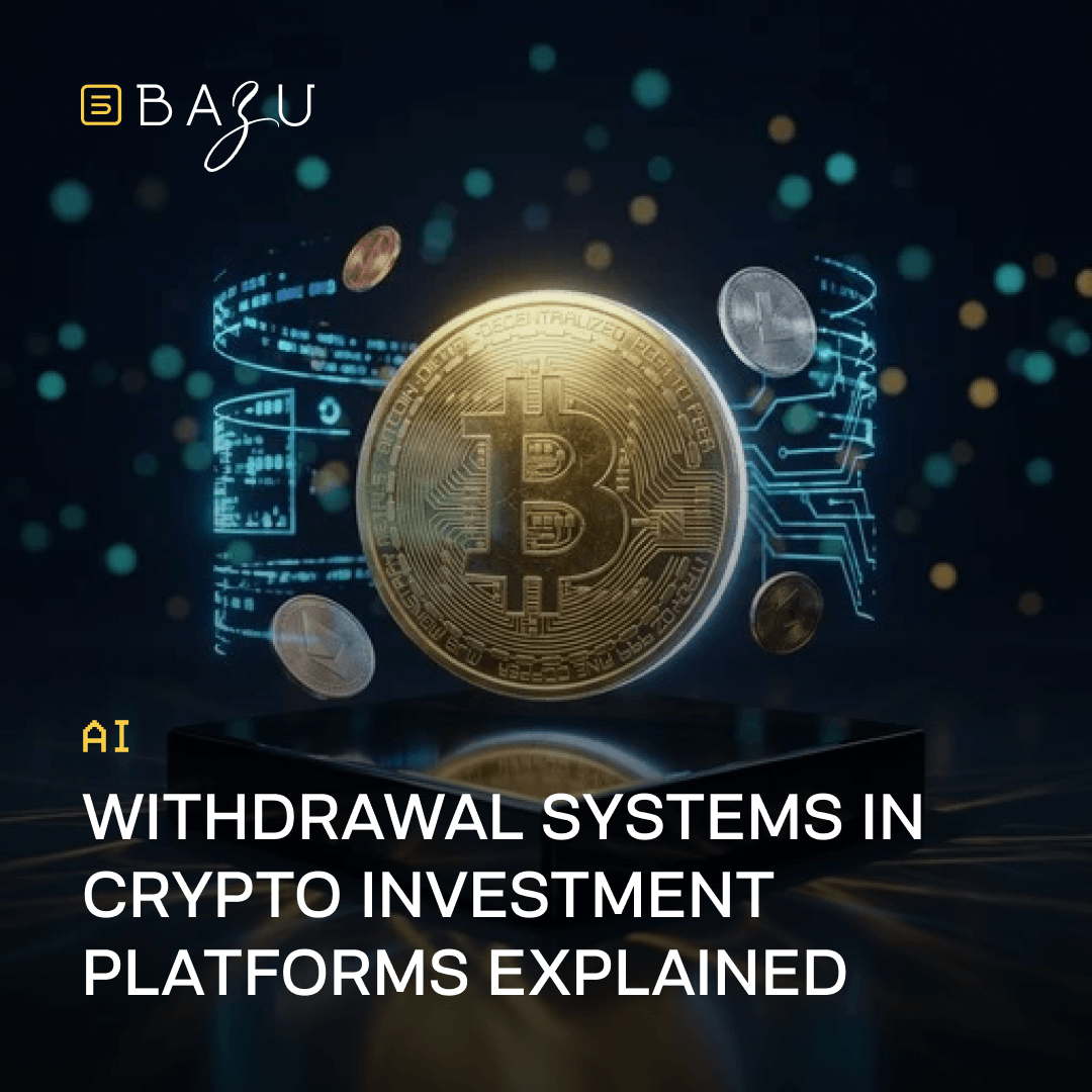 A BAZU promotional graphic featuring a golden Bitcoin coin floating above a dark pedestal with digital data streams to explain withdrawal systems in crypto investment platforms.
