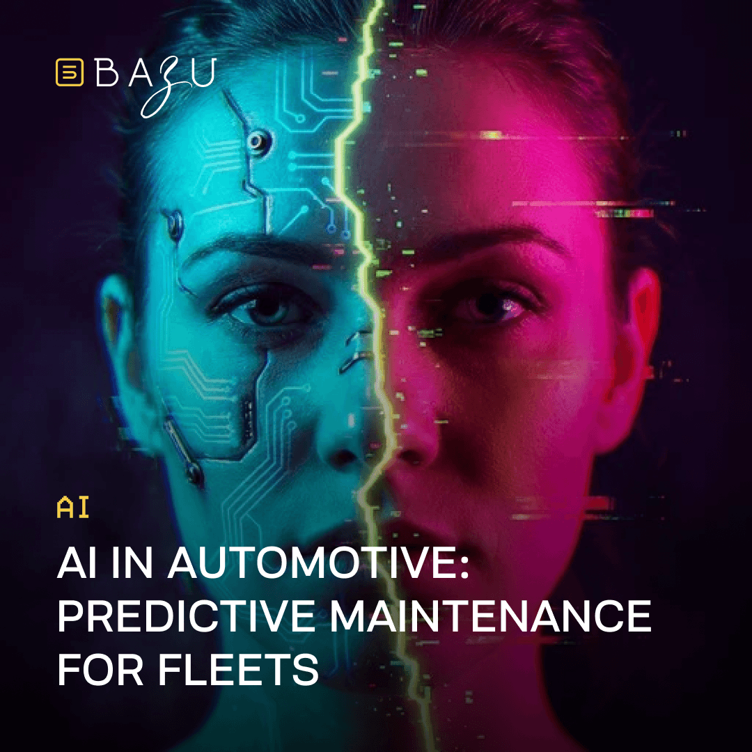 BAZU's dramatic split-face portrait combining a human woman with glowing blue cybernetic circuits on one side and natural pink tones on the other, visualizing AI in automotive for predictive maintenance in fleets.