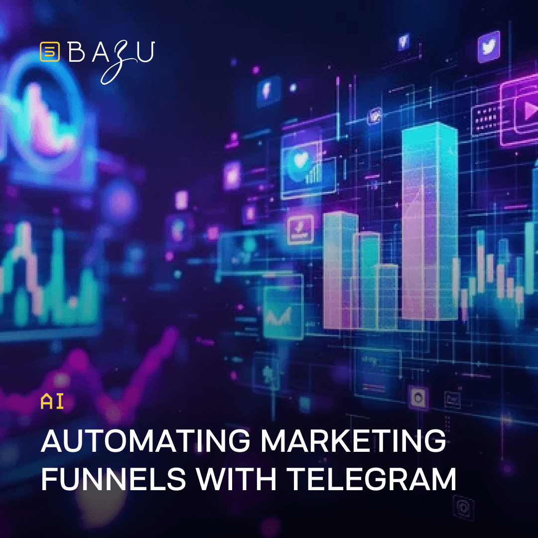 An abstract digital interface showing colorful neon data charts, analytics graphs, and social media icons, featuring the BAZU logo and the text "Automating marketing funnels with Telegram."