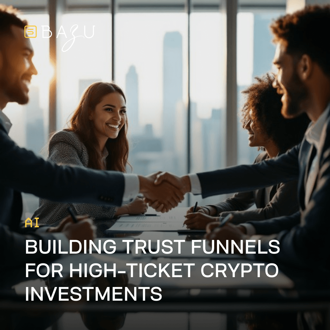 BAZU's professional photograph showing a diverse team of businesspeople shaking hands around a conference table in a modern office, illustrating building trust funnels for high-ticket crypto investments.