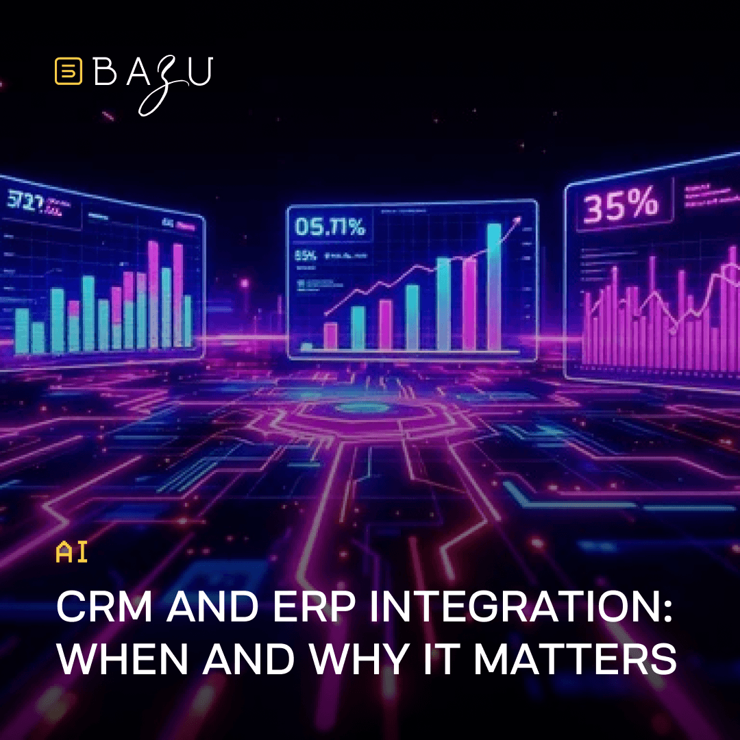 Futuristic holographic interface with glowing purple and blue charts, bar graphs and performance metrics floating in a digital circuit landscape, illustrating CRM and ERP integration: when and why it matters by BAZU.