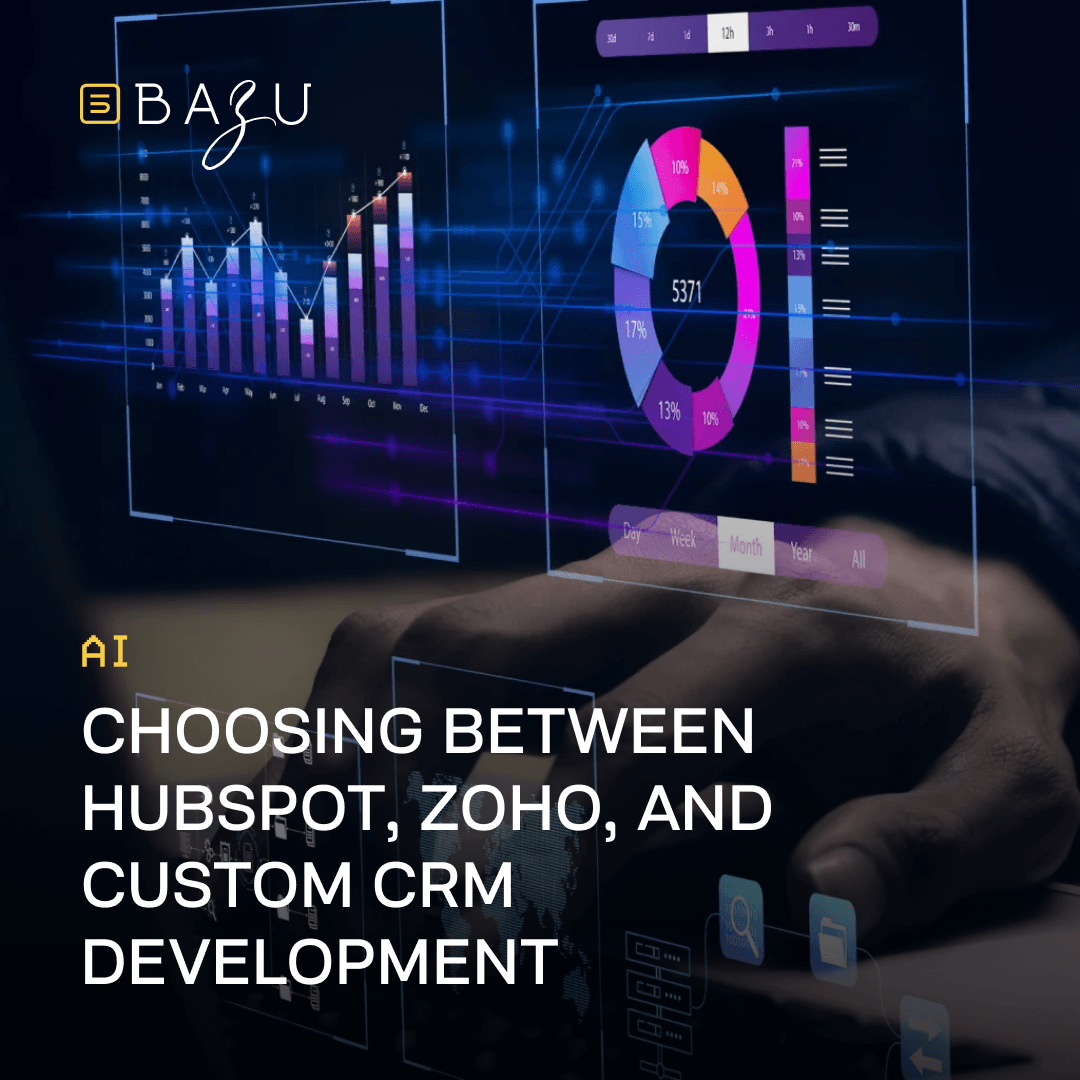 BAZU's futuristic digital illustration showing a hand interacting with glowing holographic CRM dashboards, charts, and data visualizations, illustrating the choice between HubSpot, Zoho, and custom CRM development.