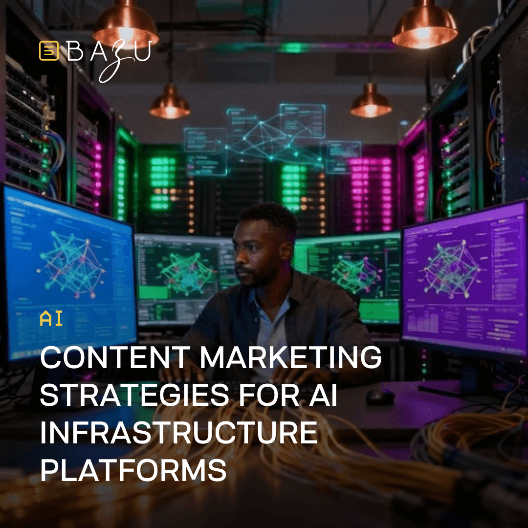 Focused professional working at a multi-monitor workstation in a vibrant AI data center with glowing servers and holographic visualizations, illustrating content marketing strategies for AI infrastructure platforms by BAZU.