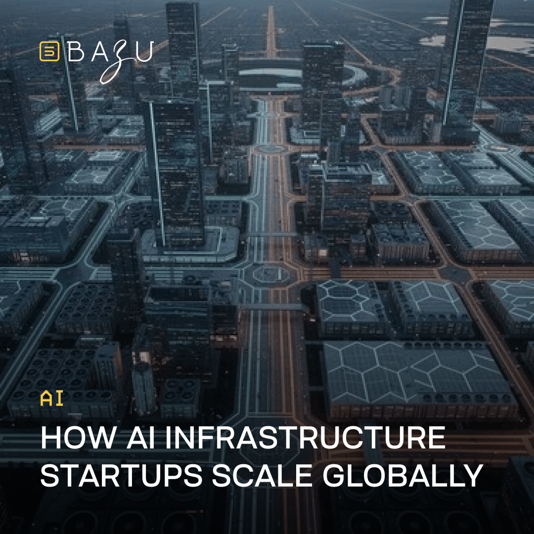 BAZU's dramatic aerial view of a futuristic smart city at night with illuminated skyscrapers and infrastructure networks, visualizing how AI infrastructure startups scale globally.