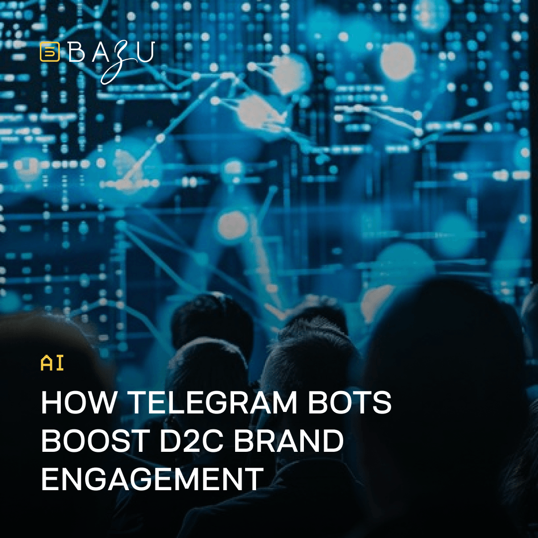 Silhouettes of an audience viewed from behind, watching a large glowing blue digital screen with abstract data networks, illustrating how Telegram bots boost D2C brand engagement by BAZU.
