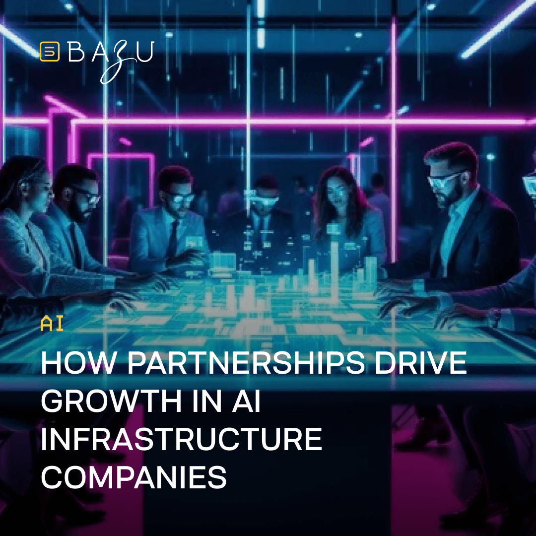 BAZU's futuristic illustration of a diverse professional team collaborating around a glowing holographic digital city model on a conference table in a neon-lit high-tech room, visualizing how partnerships drive growth in AI infrastructure companies.