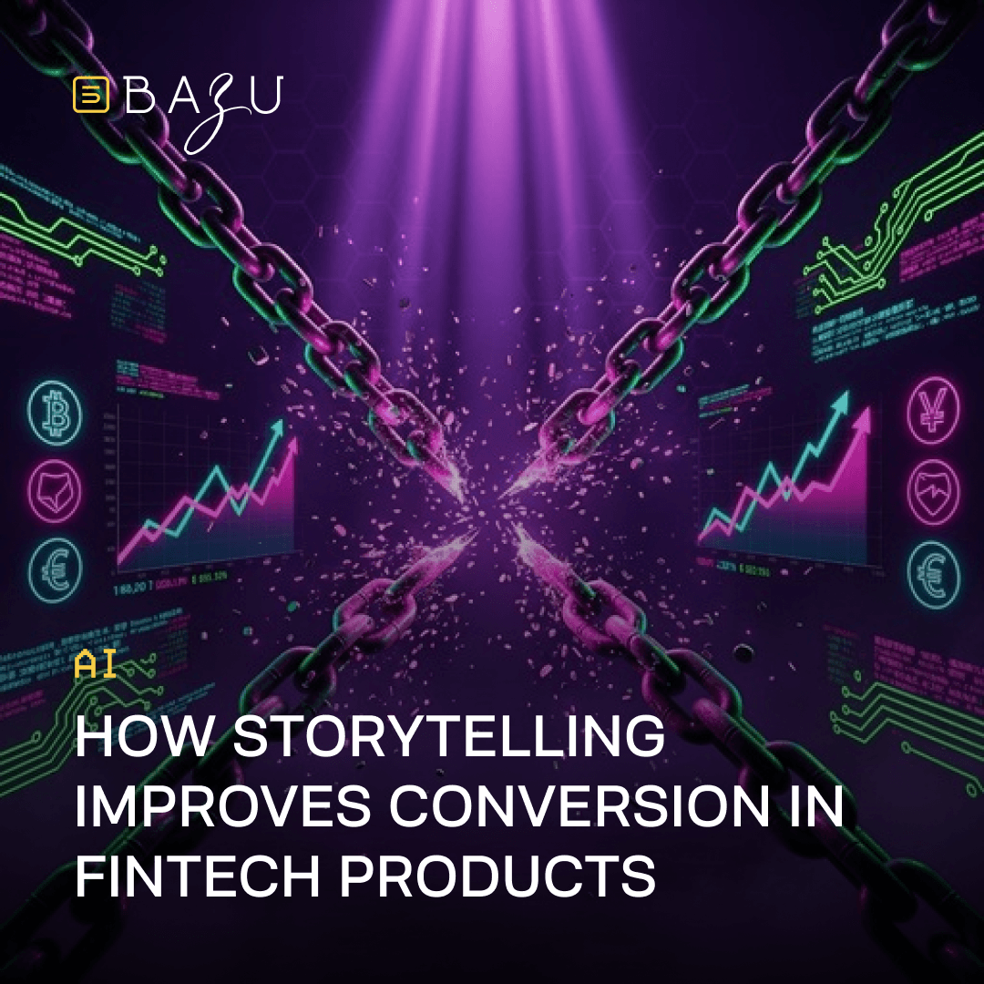 BAZU's dramatic cinematic illustration of glowing purple and green chains breaking apart with bright light beams and particle effects, surrounded by fintech graphs and crypto icons, visualizing how storytelling improves conversion in fintech products.