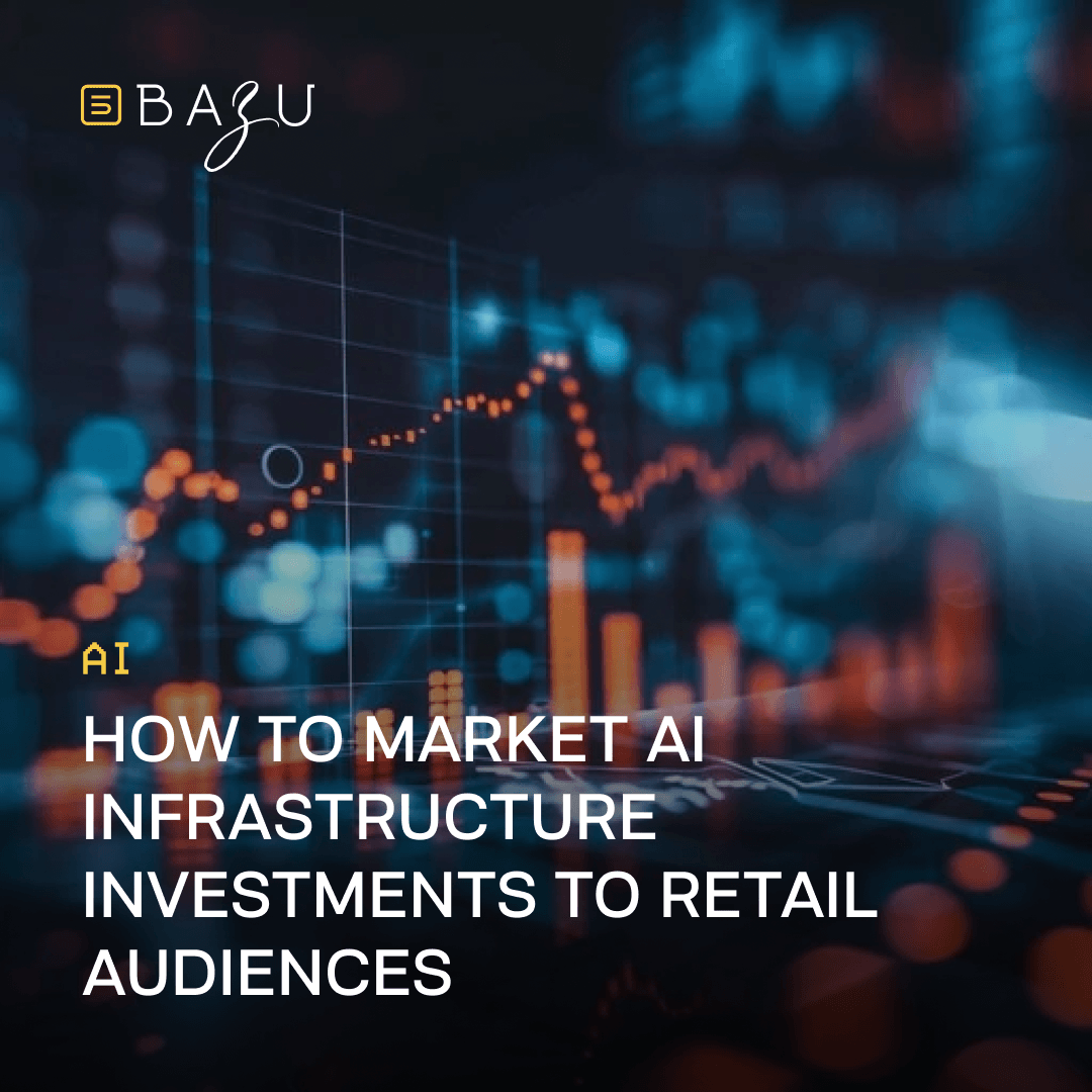 Abstract digital financial visualization with glowing orange candlestick charts and data graphs on a dark background, illustrating how to market AI infrastructure investments to retail audiences by BAZU.