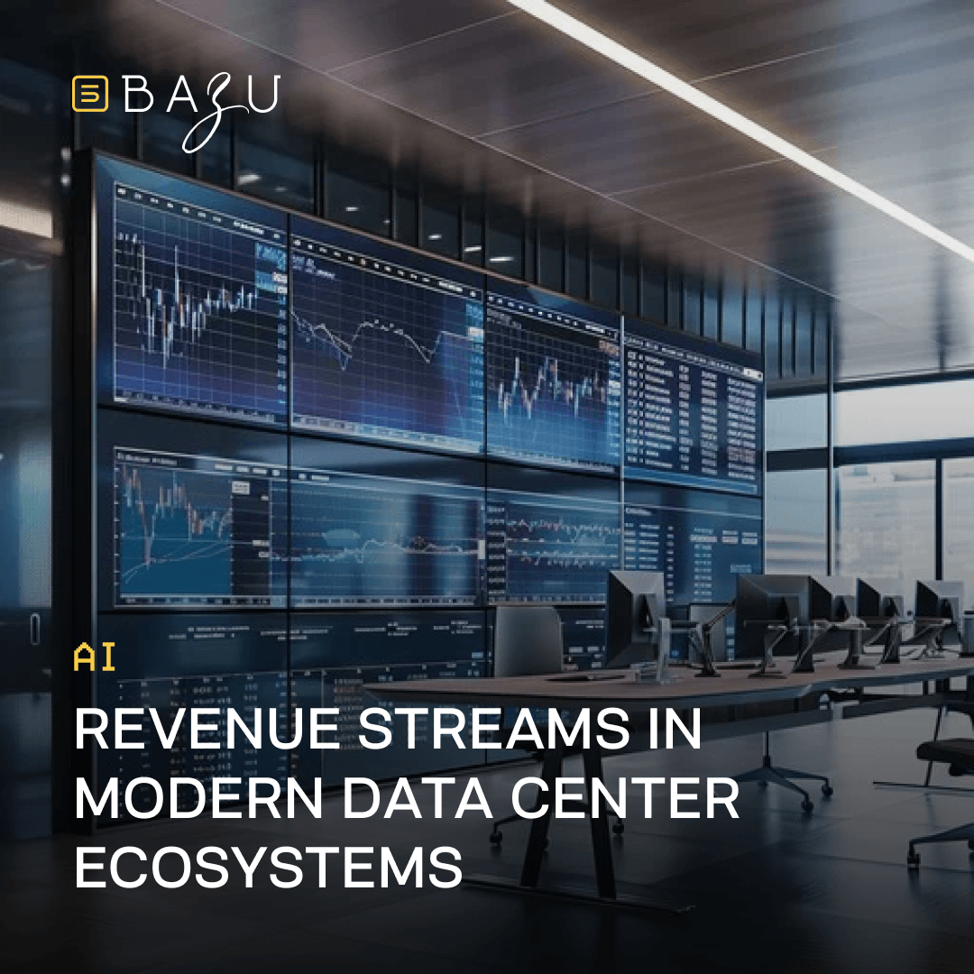 BAZU's modern high-tech control room with large video walls displaying financial charts and data streams, visualizing revenue streams in modern data center ecosystems.