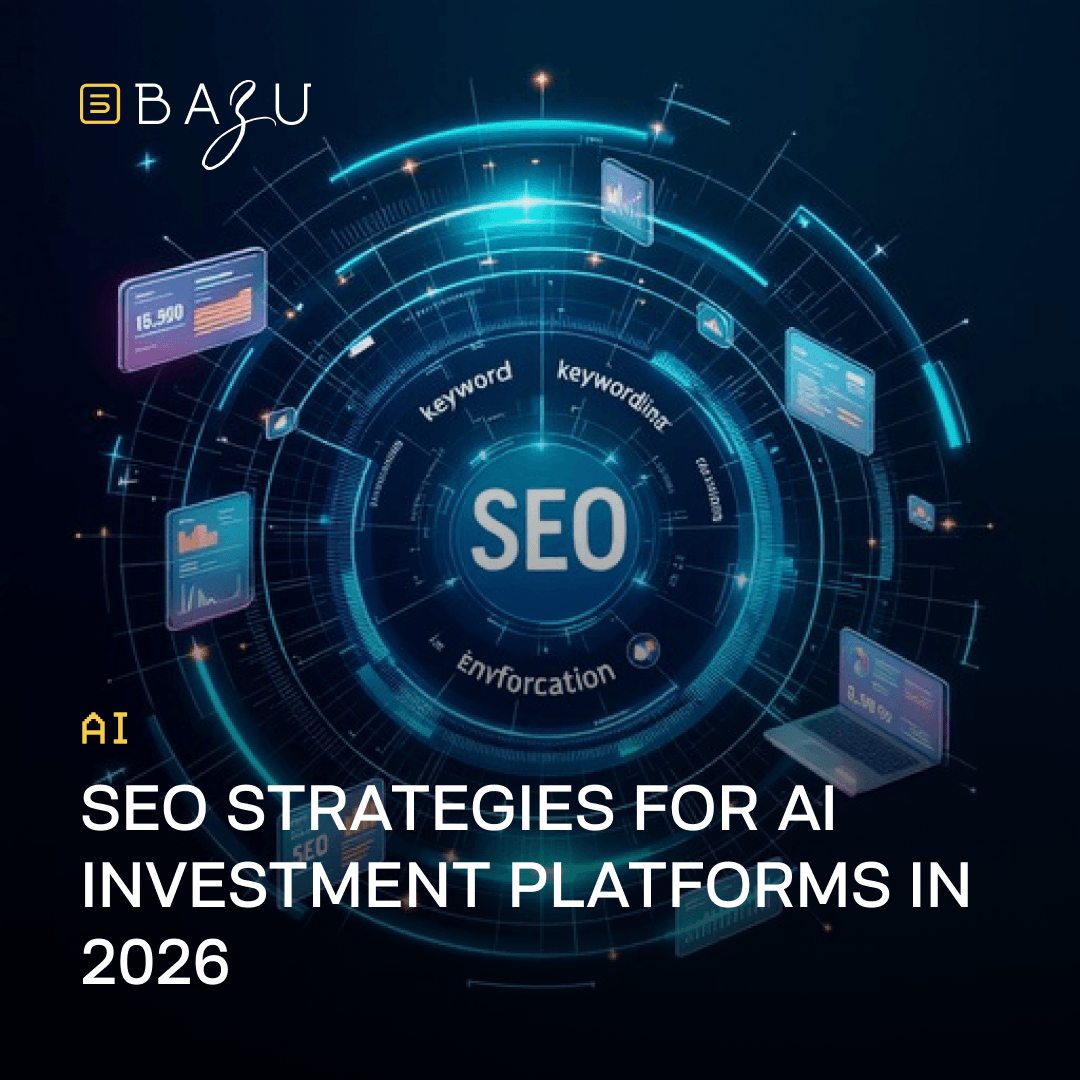 BAZU's futuristic digital illustration centered around a glowing blue holographic SEO interface with orbiting data visualizations and keywords, representing SEO strategies for AI investment platforms in 2026.