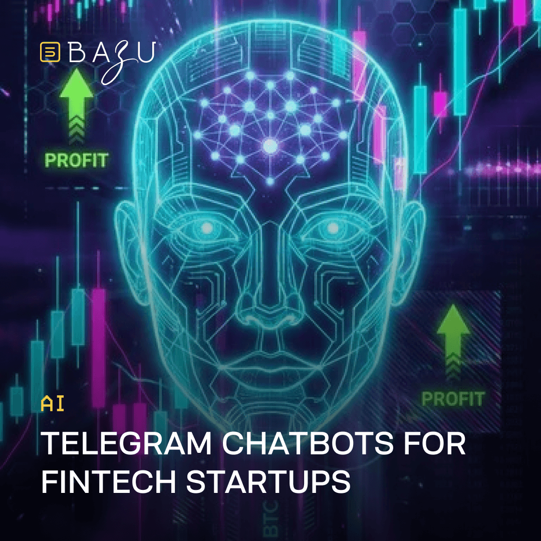 BAZU's futuristic glowing cyan digital illustration of an AI robot head with neural patterns, surrounded by financial charts and profit indicators, visualizing Telegram chatbots for fintech startups.