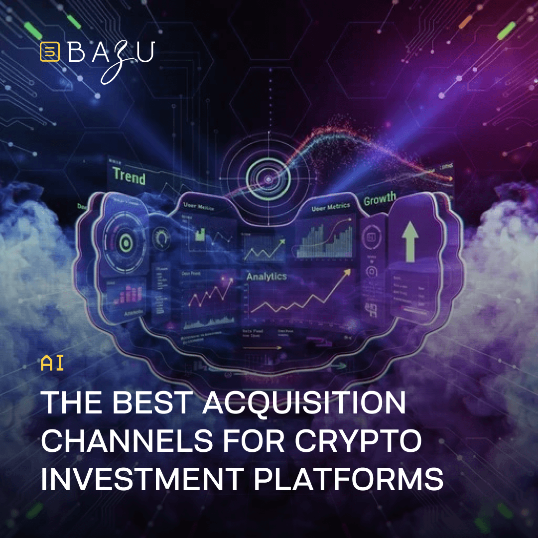 Futuristic holographic dashboard with glowing analytics, charts, and growth metrics floating in a digital space, illustrating the best acquisition channels for crypto investment platforms by BAZU.
