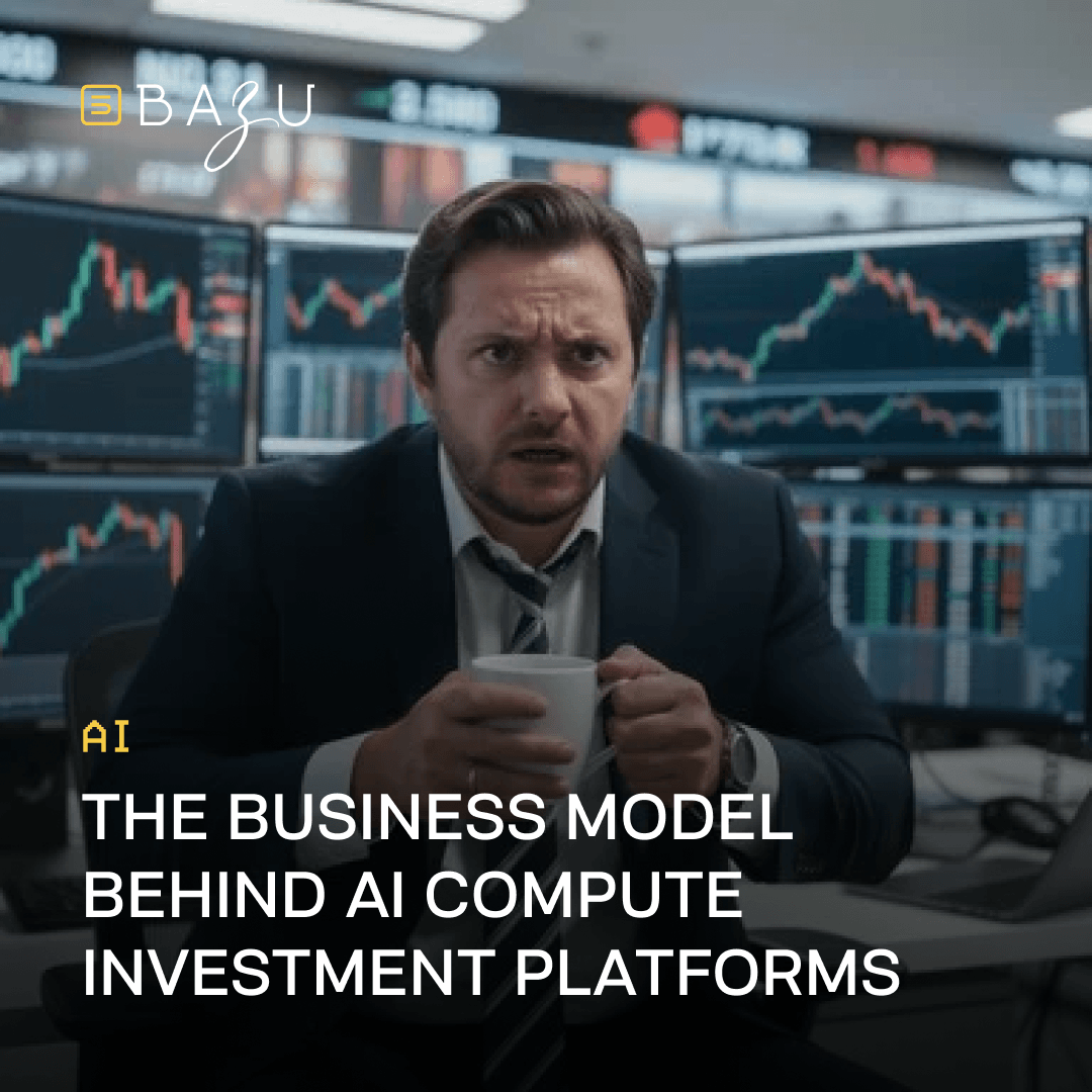 BAZU's realistic photograph of a serious businessman in a suit holding a coffee mug while intently analyzing multiple financial monitors in a trading room, visualizing the business model behind AI compute investment platforms.